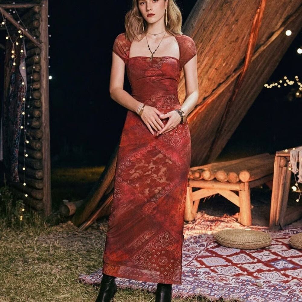 Paisley Mesh Maxi Dress Womens S Small Red Square Neck Y2K Whimsigoth Glam